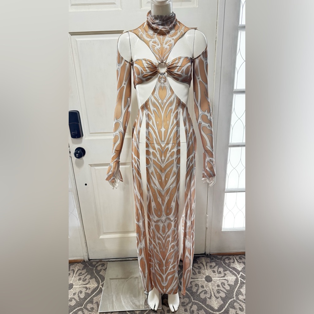 BADINKA Sexy Long Sleeve Patterned See Through Maxi Dress Size XS P-31